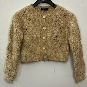 Central Park West NY Fuzzy Button-Up Crop Knit Sweater Cardigan - Beige NWOT